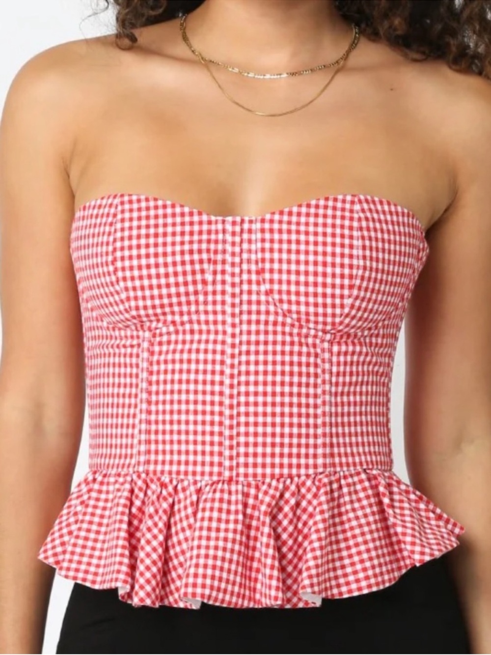 Vici Red and White Gingham Strapless Peplum Tank